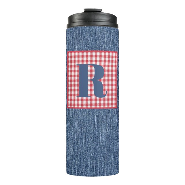 Garrafa Térmica Blue Denim, Red & White Check, Grande 12oz inicial (Frente)