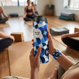 Garrafa Térmica Blue Geometric Mosaic Bauhaus Monogram Custom Name