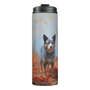 Garrafa Térmica Blue Heeler entre Folhas Caídas de Outono Inspira
