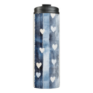 Garrafa Térmica Blue White Denim Heart Stripes Birthday