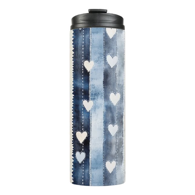 Garrafa Térmica Blue White Denim Heart Stripes Birthday (Frente)