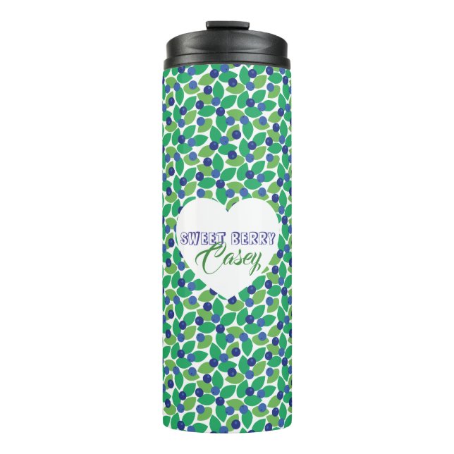 Garrafa Térmica Blueberries Pattern Modern Green Blue Customize. (Frente)
