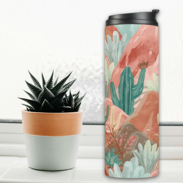Garrafa Térmica Blush Desert Bloom Watercolor Landscape (Blush desert tumbler with watercolor cacti, terracotta canyons, and soft sage green desert blooms.)