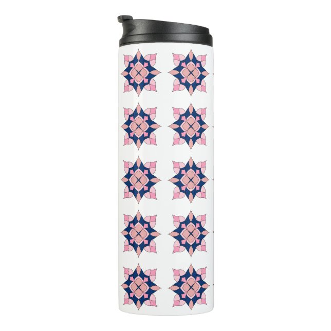 Garrafa Térmica Blush Rosa e Azulejos Florais Geométricos Navy (Rotação à direita)