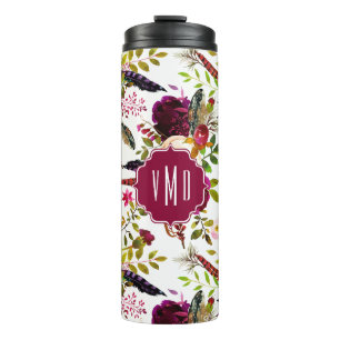 Garrafa Térmica Boho Burgundy Marsala Watercolor Monograma floral