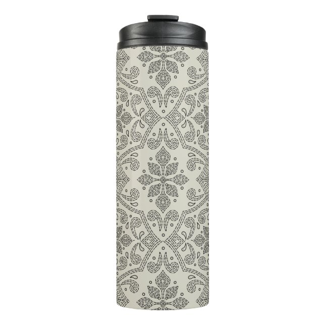 Garrafa Térmica Boho Floral Damask Line Art, Black on Beige (Frente)