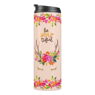 Garrafa Térmica Boho Outono Rena Lasers Floral Galhada de Veado