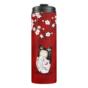 Garrafa Térmica Bonecas Kokeshi Red Black White Cherry Blossoms