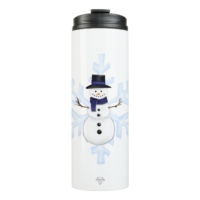 Garrafa Térmica Boneco de Neve Clássico Cachecol Azul Flocos de Ne (Frente)
