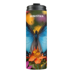 Garrafa Térmica Borboleta Azul Morfó Botânica Floral Personalizada