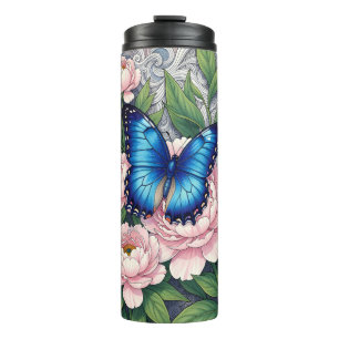 Garrafa Térmica Borboleta Azul Morpho com Peônias Arte Floral