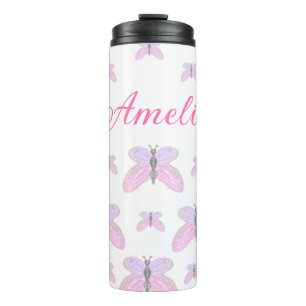 Garrafa Térmica Borboleta brilho roxo rosa adicionar texto letra n