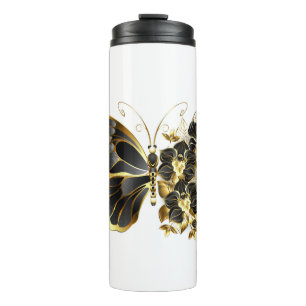 Garrafa Térmica Borboleta Flor de Ouro com Orquídea Preta
