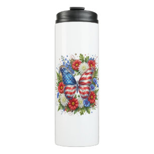 Garrafa Térmica Borboleta Floral Vermelha Branca Azul da Bandeira