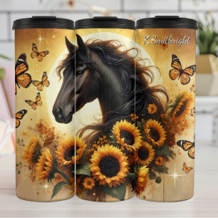 Garrafa Térmica Borboleta Girassol Cavalo Preto Brilho Dourado