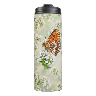 Garrafa Térmica Borboleta Laranja em Flores Brancas Delicadas