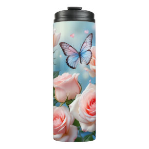 Garrafa Térmica Borboleta Na Flor Rosa
