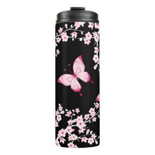 Garrafa Térmica Borboleta Preta Rosa E Flores De Cereja