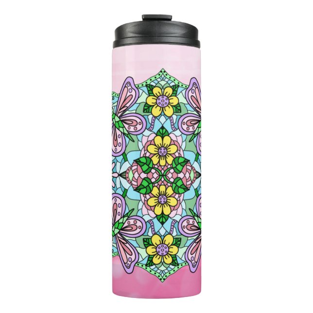 Garrafa Térmica Borboleta rosa Mandala Whimsical Drake (Frente)