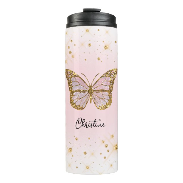 Garrafa Térmica borboleta rosa nome personalizado (Frente)