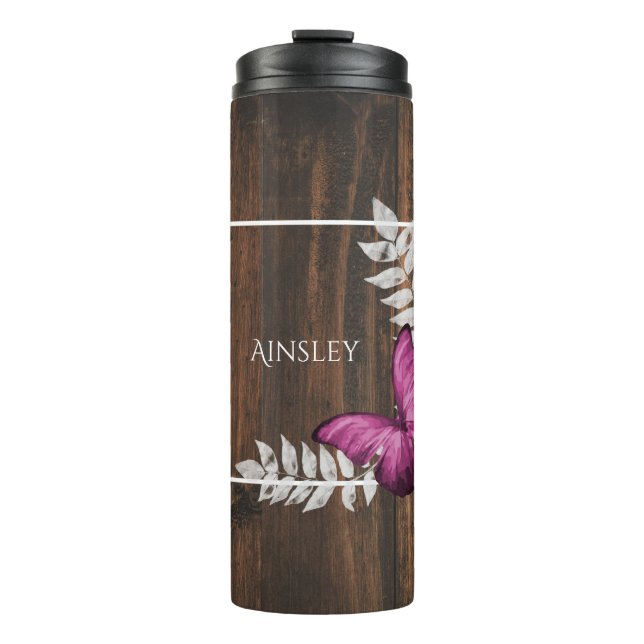Garrafa Térmica Borboleta Rosa Russa Personalizada Tumbler Térmico (Frente)
