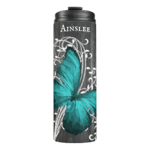 Garrafa Térmica Borboleta Rústica Teal Personalizada Tumbler Tér
