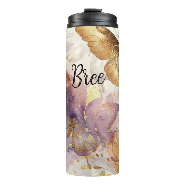 Garrafa Térmica Borboletas Aquarela Roxo e Dourado Borboletas (Frente)