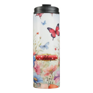 Garrafa Térmica Borboletas de Aquarela Vermelha e Azul Tumbler Tér