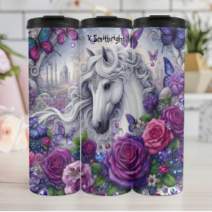 Garrafa Térmica Borboletas de flores roxas, de cavalos brancos enc