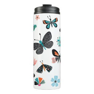 Garrafa Térmica Borboletas e flores,coleção desenhada à mão de d