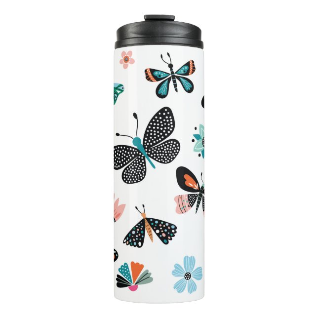 Garrafa Térmica Borboletas e flores,coleção desenhada à mão de d (Frente)