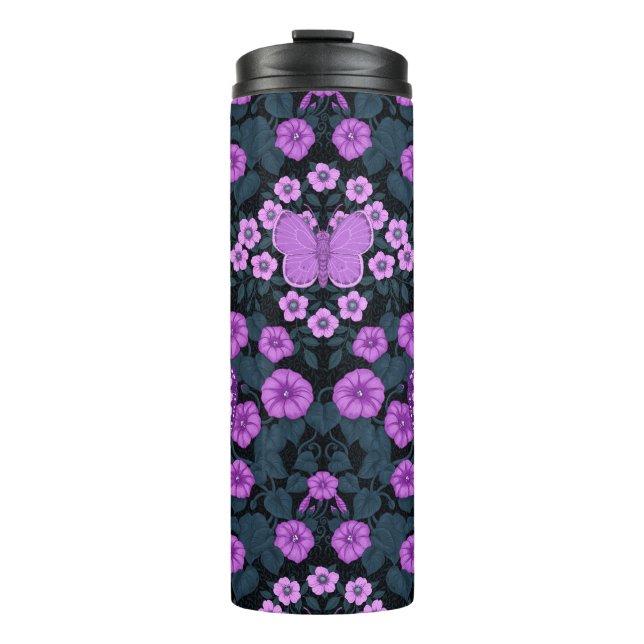 Garrafa Térmica Borboletas e simetria das flores, violeta e azul (Frente)