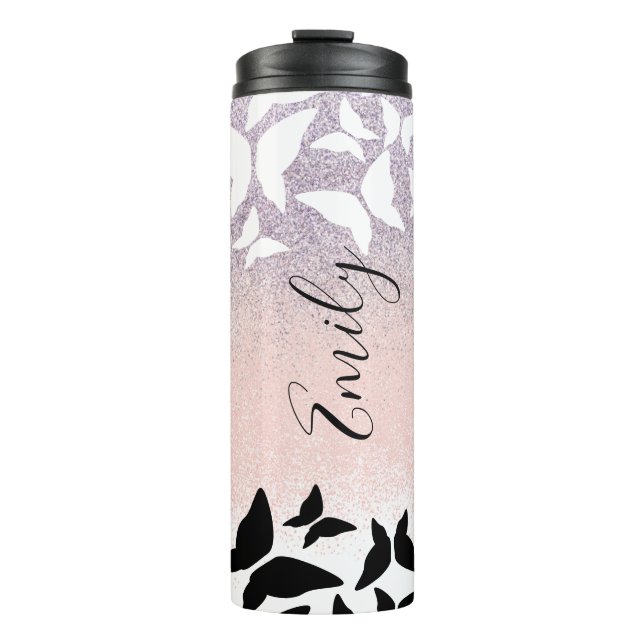 Garrafa Térmica Borboletas Faíscas Rosa Nome Monogramado     (Frente)