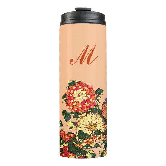 Garrafa Térmica Borda da Flor Japonesa, tangerina Laranja e Dourad (Frente)