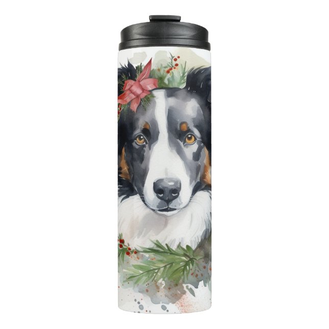 Garrafa Térmica Border Collie Christmas Wreath Festivo Pup (Frente)