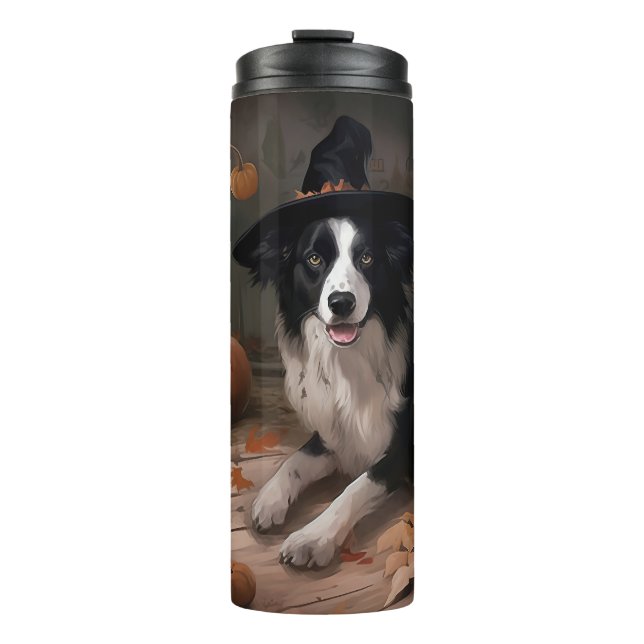 Garrafa Térmica Border Collie Pumpkins Halloween Assustado (Frente)
