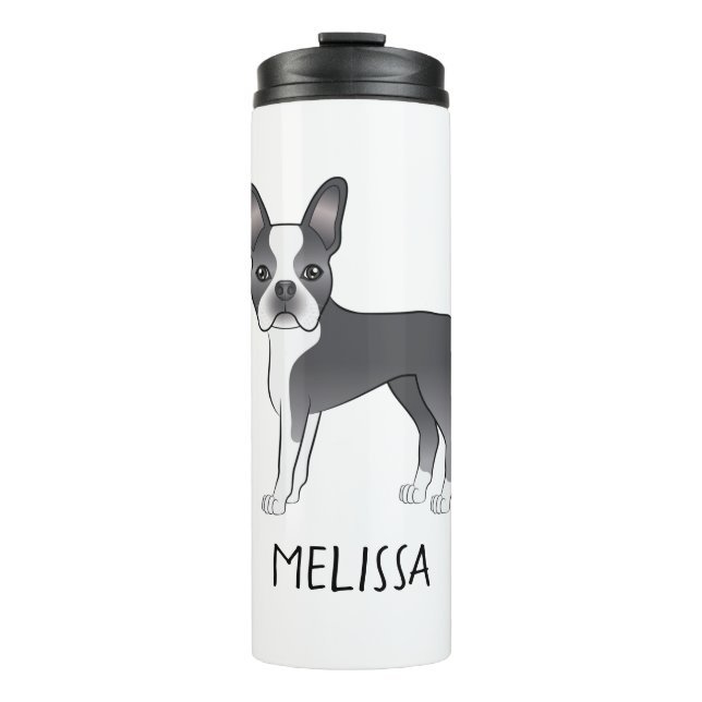 Garrafa Térmica Boston Terrier Cartoon Azul e Branco & Nome (Frente)