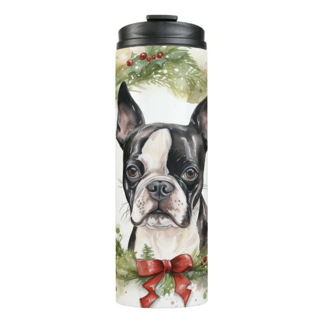 Garrafa Térmica Boston Terrier Christmas Wreath Festivo Pup (Frente)