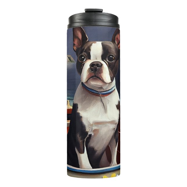 Garrafa Térmica Boston Terrier em um remo: Uma aventura cênica (Frente)