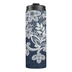 GARRAFA TÉRMICA BRANCO LACE OLHA PARA AS TEXTURAS DO AZUL DENIM