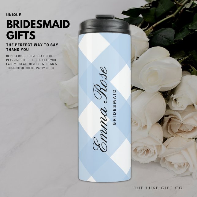 Garrafa Térmica Bridesmaid Azul Gingham Simples Moderno (Criador carregado)