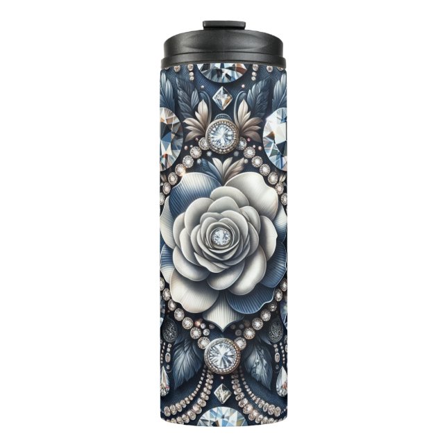 Garrafa Térmica Brilho Glam Denim & Diamantes Jóias Rosa (Frente)