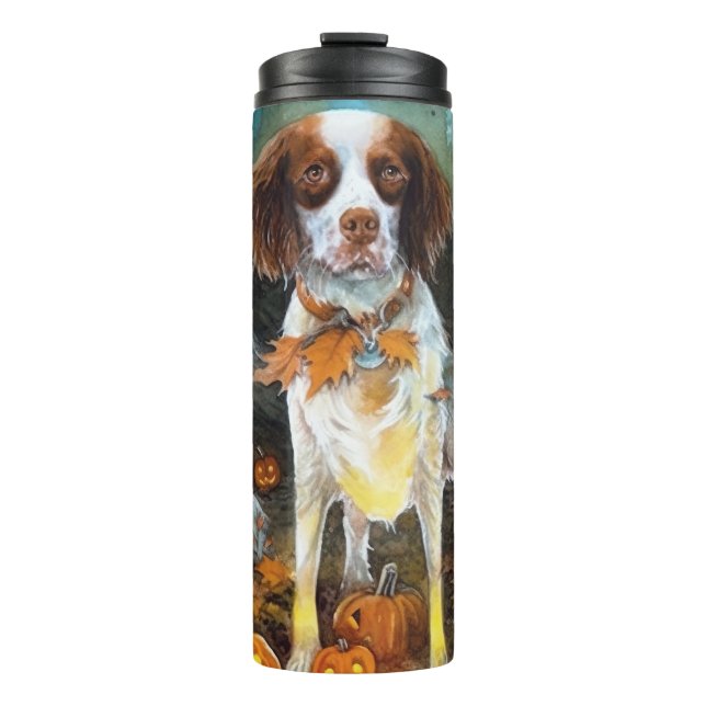 Garrafa Térmica Brittany Spaniel de Halloween com Abóboras Assusta (Frente)