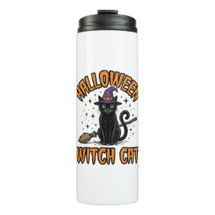 Garrafa Térmica Bruxa de Halloween Gato Desenho de Gravura Vintage