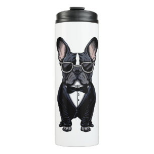 Garrafa Térmica Buldogue Francês em Tuxedo Vestindo Óculos