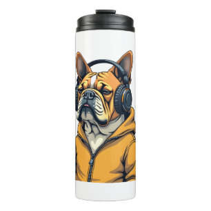 Garrafa Térmica Bulldog Antigo de Headphones Vestindo Capuz Música