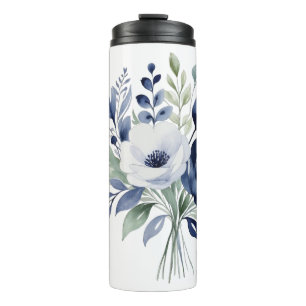 Garrafa Térmica Buquê Floral Branco e Azul de Aquarela