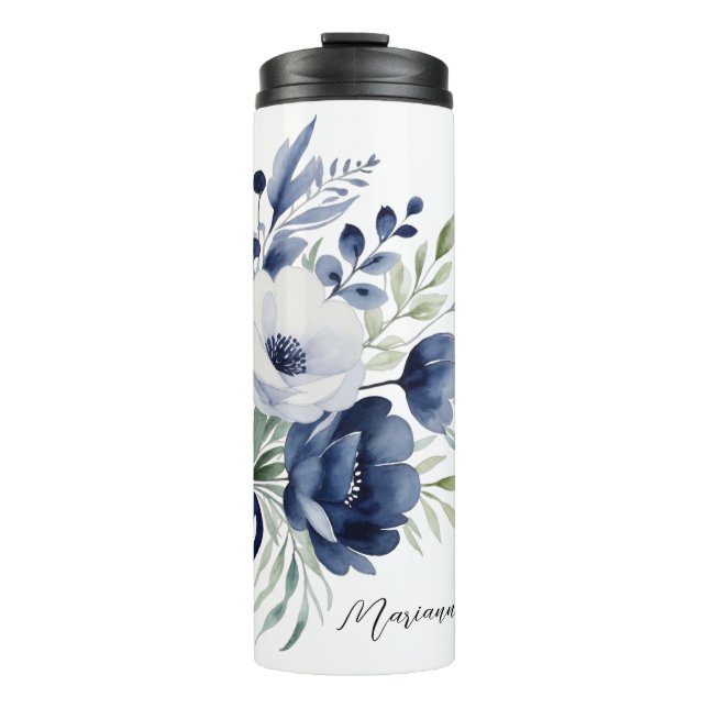 Garrafa Térmica Buquê Floral Branco e Azul de Aquarela (Frente)
