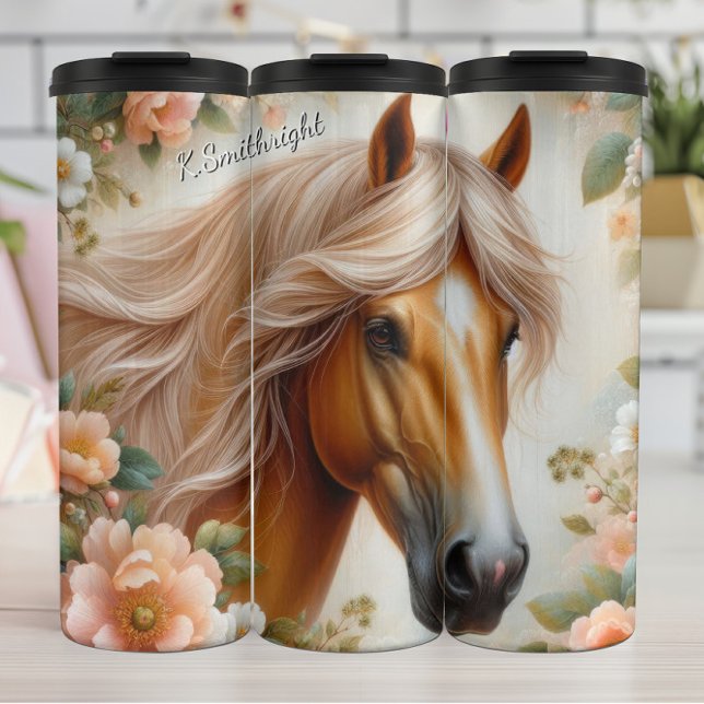 Garrafa Térmica Cabeça de Cavalo Floral Dourada Beleza (Criador carregado)