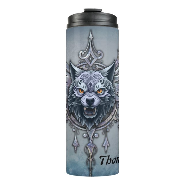 Garrafa Térmica Cabeça mística de lobo. (Frente)